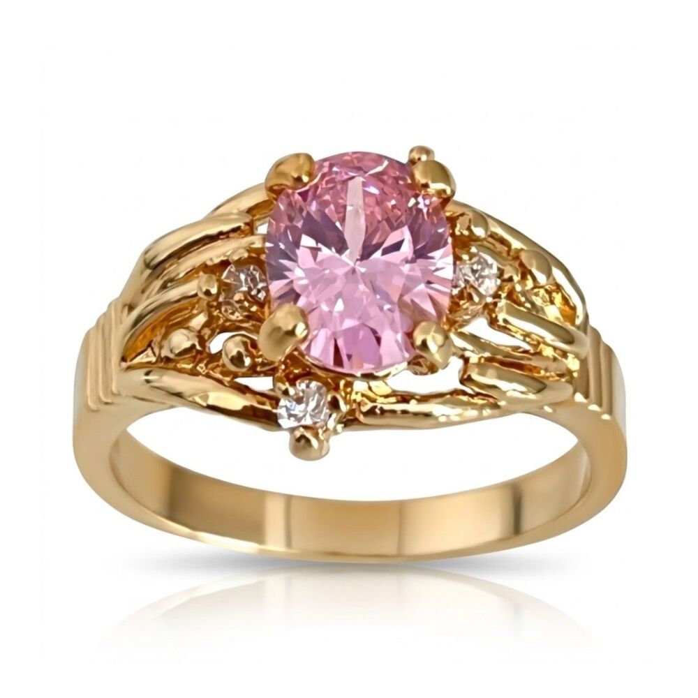 Vintage 1980s Pink Cubic Zirconia Cocktail Ring Size 8 14KTGE Gold Plated - 14C
